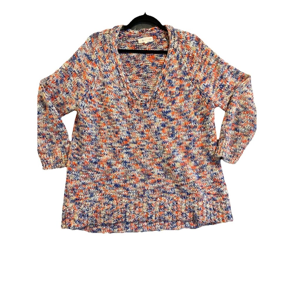 Lou & Grey for LOFT Oversized Multi Color V-Neck Knit Sweater WOOL Blend Size XL
